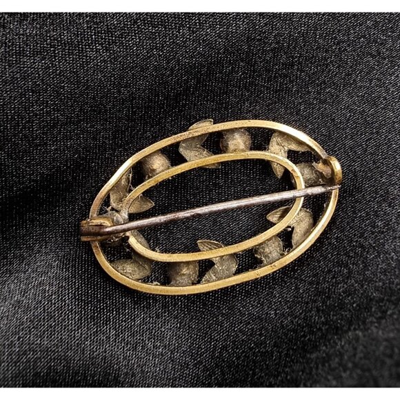 Antique Early 20th Century Oval Gold-Tone Brooch With Pink Rhinestone Floral Mot - Picture 5 of 5